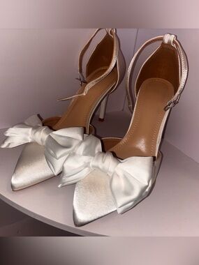 SHEIN Ivory Satin Pointed-Toe Bow Ankle-Strap Heels